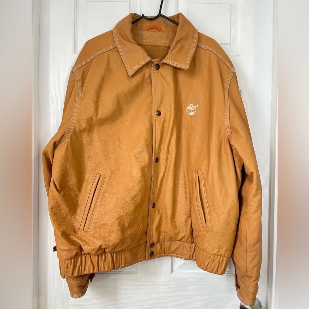 Timberland Tan Leather Vintage Logo Bomber Jacket XXL - Picture 2 of 11